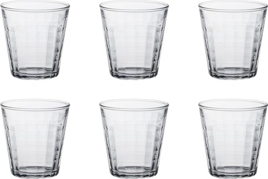 Six verres Duralex Prisme, disposés en deux rangées de trois, sur fond blanc.