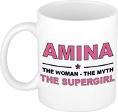 Naam cadeau Amina - The woman, The myth the supergirl koffie mok / beker 300 ml - naam/namen mokken - Cadeau voor o.a verjaardag/ moederdag/ pensioen/ geslaagd/ bedankt