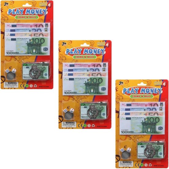 3x jeux d'argent fictif euro avec pince à billets pour enfants