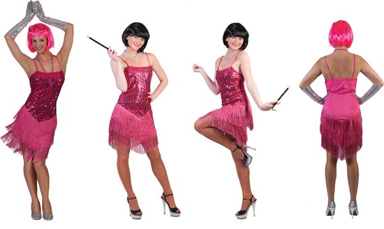 Funny Fashion - Glitter & Glamour Kostuum - Glitter Fancy Flapper Jurk Roze Vrouw - Roze - Maat 32-34 - Carnavalskleding - Verkleedkleding