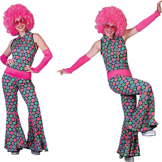 Funny Fashion - Jaren 80 & 90 Kostuum - Disco Dot Jumpsuit - Vrouw - Multicolor - Maat 40-42 - Carnavalskleding - Verkleedkleding