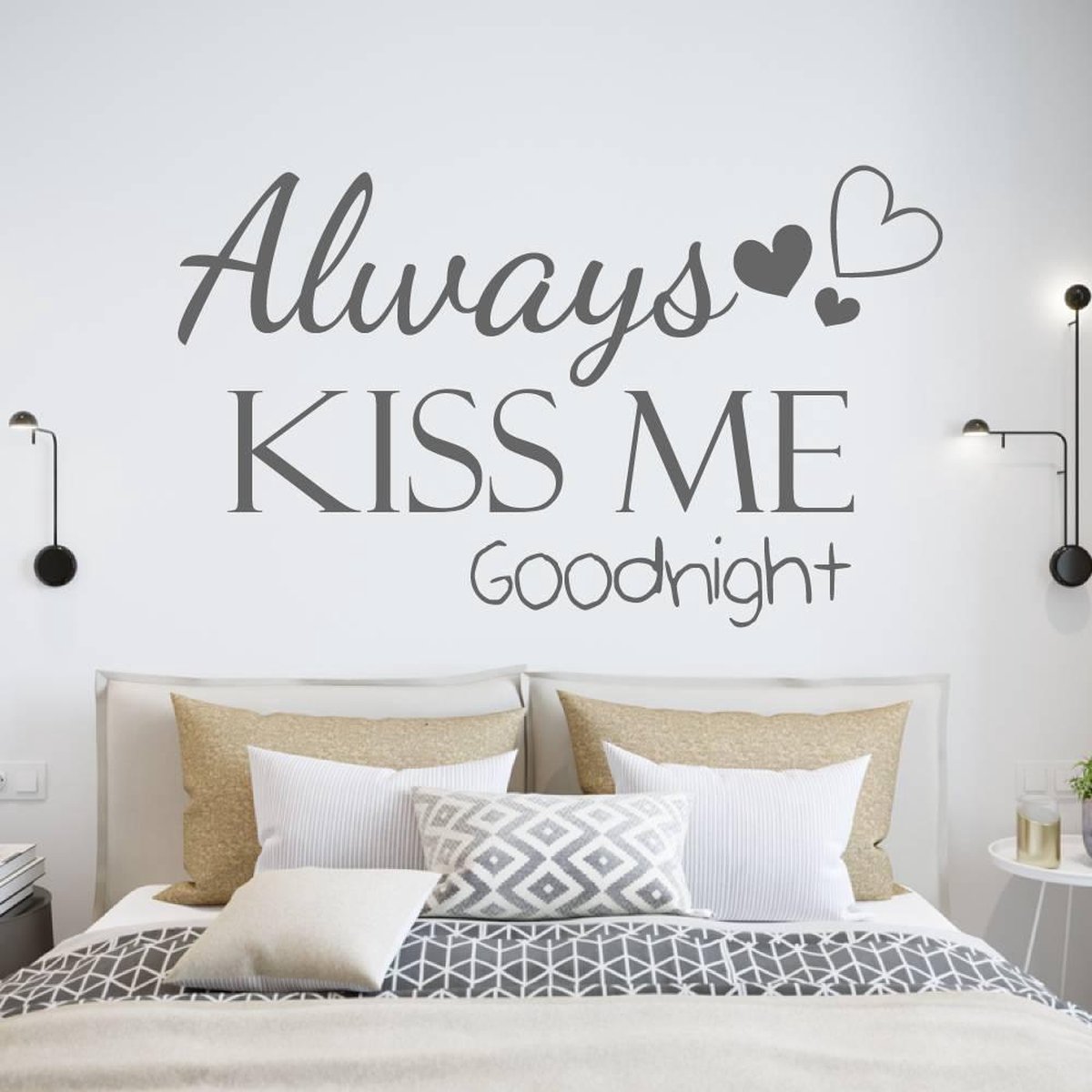 Muursticker Always kiss me goodnight met hartjes - Donkergrijs - 120 x 72 cm slaapkamer
