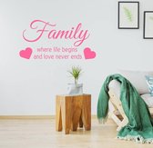 Muursticker Family Where Life Begins And Love Never Ends -  Roze -  160 x 80 cm  -  engelse teksten  woonkamer  alle - Muursticker4Sale