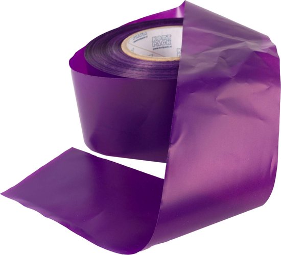 Een rol paars afzetlint van 75mm breed, met een stuk tape uitgerold.