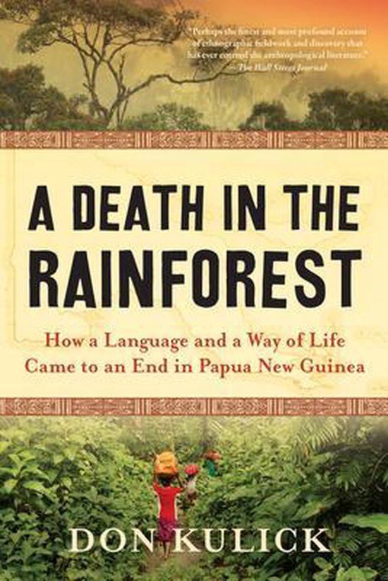 Livre 'A Death in the Rainforest', avec un paysage tropical et des personnes marchant dans la jungle. Texte : 'A DEATH IN THE RAINFOREST'.