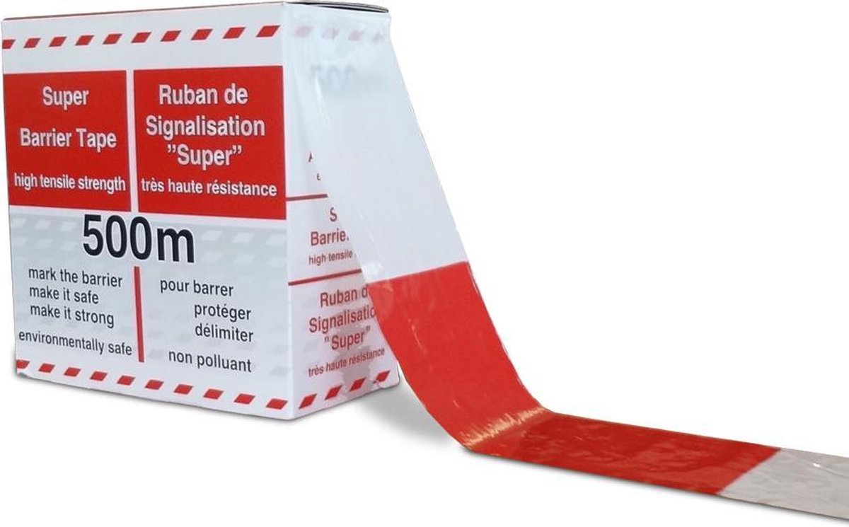 Afzetlint ROOD / WIT dispenser doos 500 mtr x 75 mm LDPE - CORONA - COVID19.