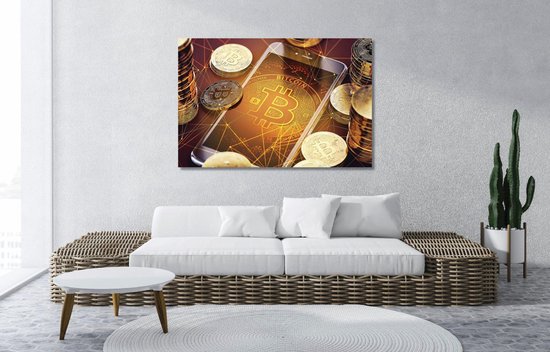 ✅ Money • Bitcoin Crypto 2 Canvas 150x100 cm • Foto print op Canvas schilderij ( Wanddecoratie woonkamer / slaapkamer / keuken / kantoor / bar / restaurant ) / Money / Geld Canvas Schilderijen / Poster