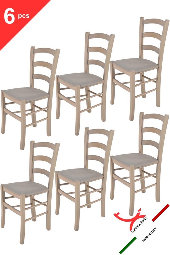 Tommychairs - Ensemble de 6 chaises modèle Venise. Très approprié pour la cuisine, la salle à manger, mais aussi pour la restauration. Structure en bois gris clair avec assise de chaise rembourrée gris clair