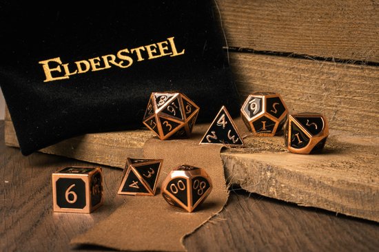Thumbnail van een extra afbeelding van het spel 7 delige Metalen Dobbelstenen Set - inclusief Opbergzakje - Dungeons & Dragons - Zwart Koper