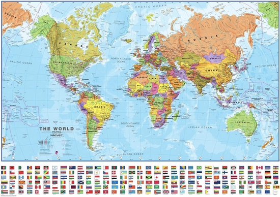 Grote Wereldkaart - Blauw - Landkaart - Schoolkaart - - Kaart - Atlas -... bol.com