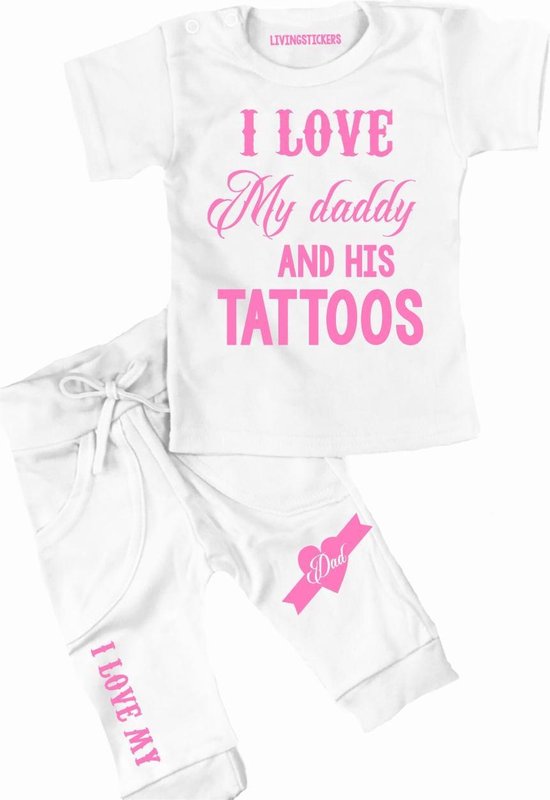 Shirt met broekje-ik hou van mijn papa en zijn tattoos-wit-roze-Maat