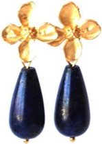 ELLEN MEIJER Oorbellen oorsteker bloem en druppel lapis lazuli, lengte 3,5 cm