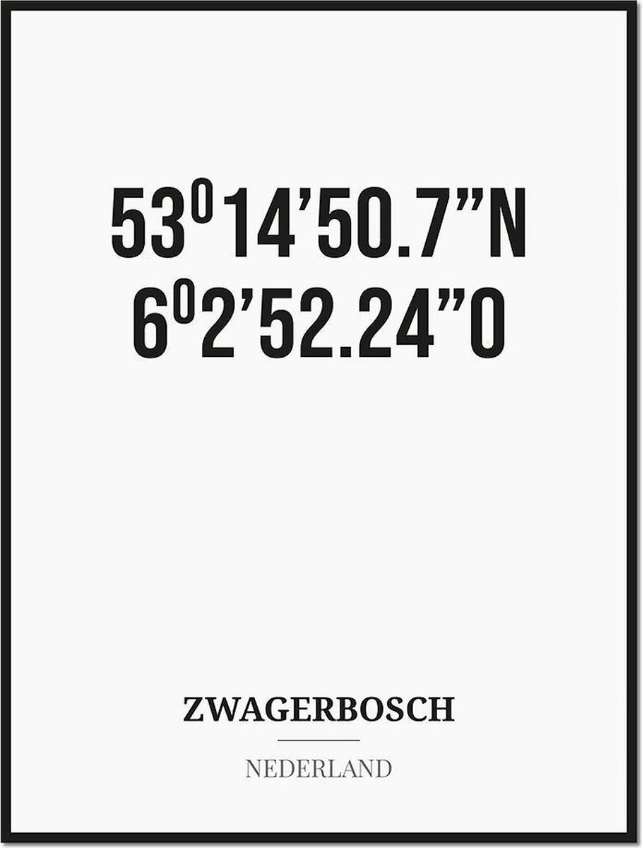 Studio216 Poster/kaart ZWAGERBOSCH met coördinaten zwart, wit
