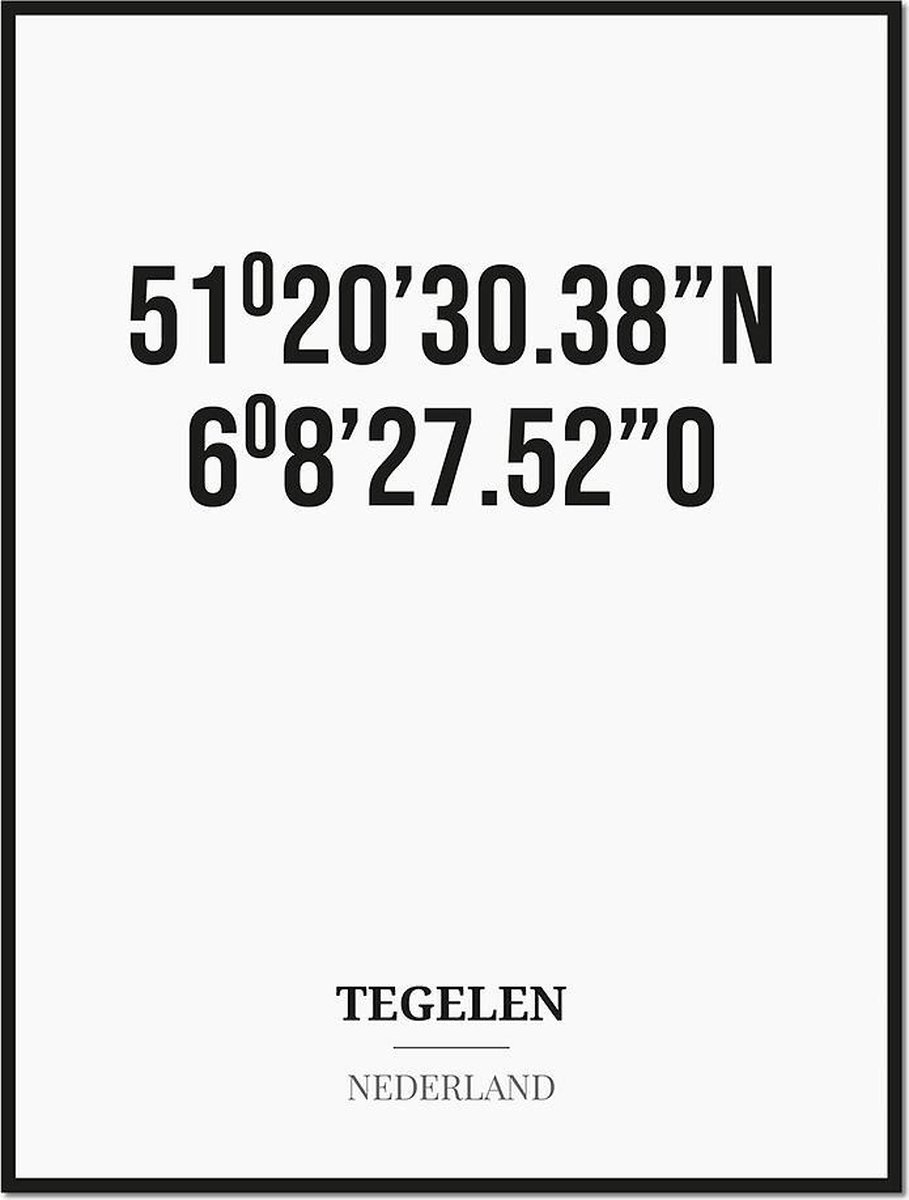 Studio216 Poster/kaart TEGELEN met coördinaten zwart, wit