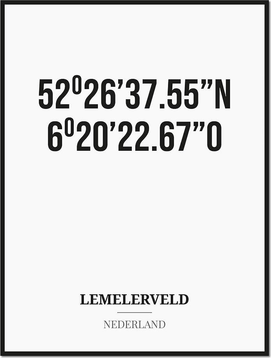 Studio216 Poster/kaart LEMELERVELD met coördinaten zwart, wit
