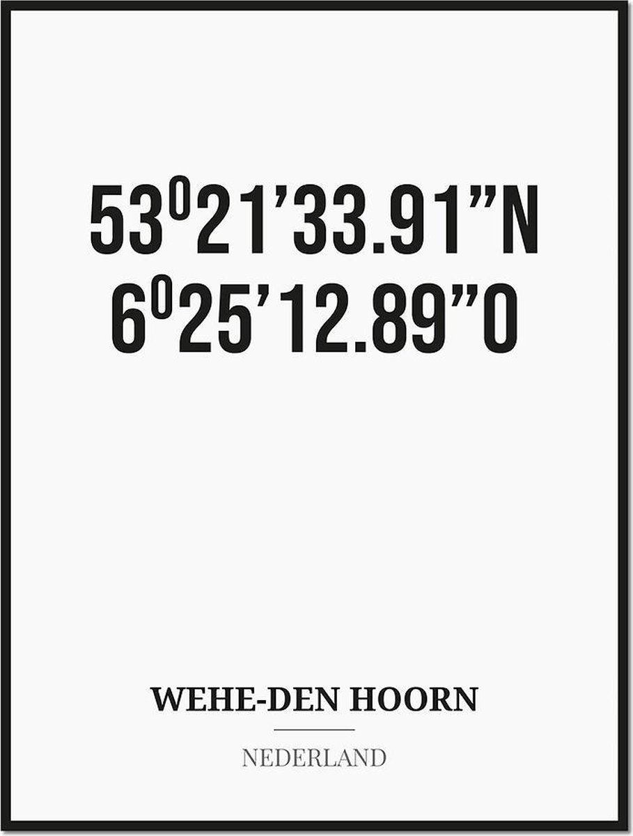 Studio216 Poster/kaart WEHE-DEN HOORN met coördinaten zwart, wit