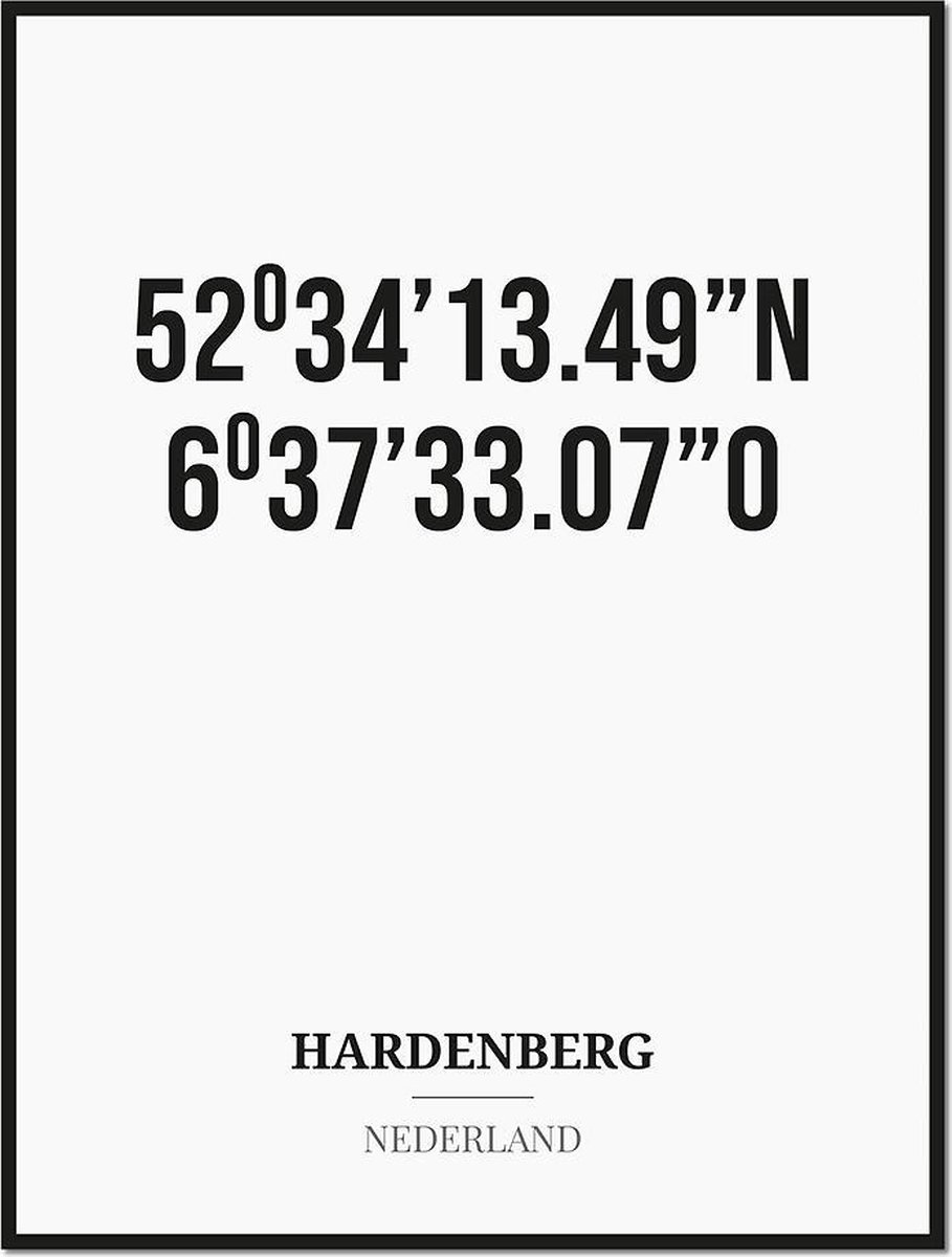 Studio216 Poster/kaart HARDENBERG met coördinaten zwart, wit