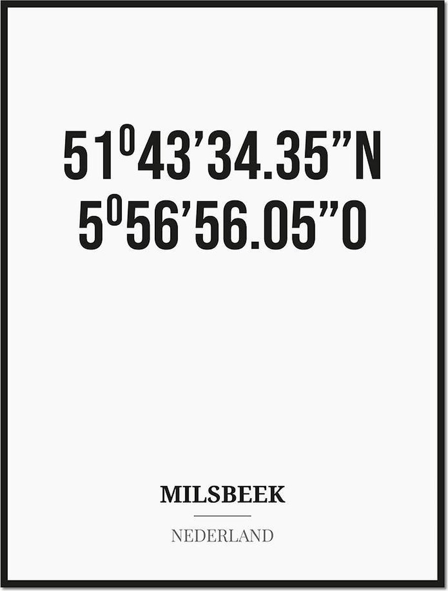 Studio216 Poster/kaart MILSBEEK met coördinaten zwart, wit
