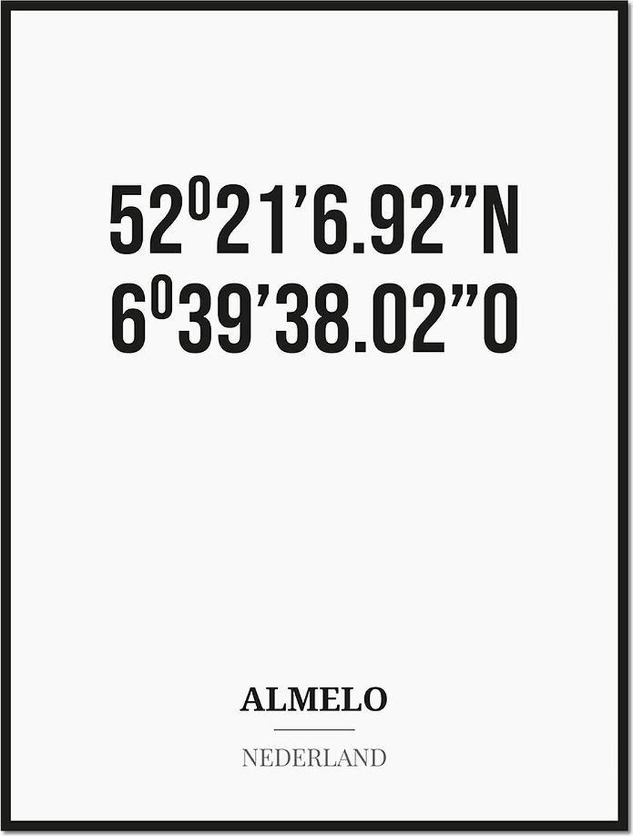 Studio216 Poster/kaart ALMELO met coördinaten zwart, wit