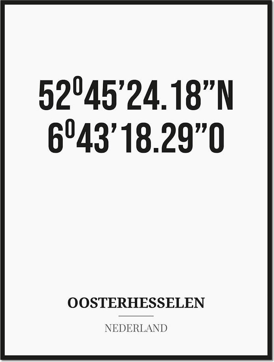 Studio216 Poster/kaart OOSTERHESSELEN met coördinaten zwart, wit