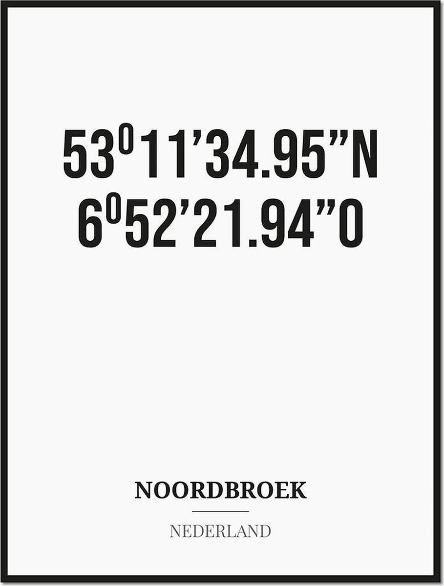 Studio216 Poster/kaart NOORDBROEK met coördinaten zwart, wit