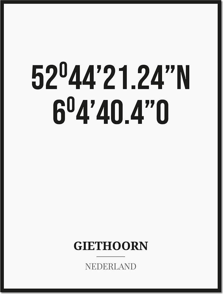 Studio216 Poster/kaart GIETHOORN met coördinaten zwart, wit