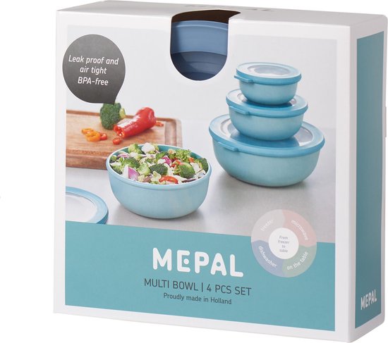 Mepal Nordische blauwe multikom set 4 stuks met afbeeldingen van de kommen en ingrediënten.