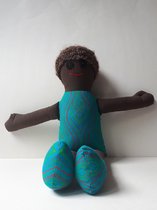 Jacqui's Arts & Designs - Zuko doll - lappenpop - donker -  Lulu - handgemaakt - stoffen pop - etnische stof - turquoise -- knuffel - shweshwe stof  - Zuid Afrika