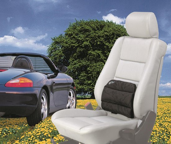 Zwarte, gewatteerde rugsteun met 'Sitback'-logo, geplaatst op een witte autostoel. Een zwarte cabriolet staat op de achtergrond in een landschap met gele bloemen en een boom.