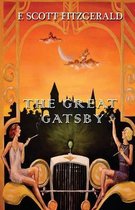 Boekomslag van The Great Gatsby door F. Scott Fitzgerald met art-deco illustraties van een auto en twee vrouwen.