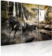 Schilderijen Op Canvas - Schilderij - Black horse and rocky waterfall 60x40 - Artgeist Schilderij