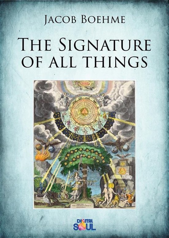 Boek: The Signature of All Things door Jacob Boehme, met een gedetailleerde gravure van een boom met menselijke figuren en engelen.