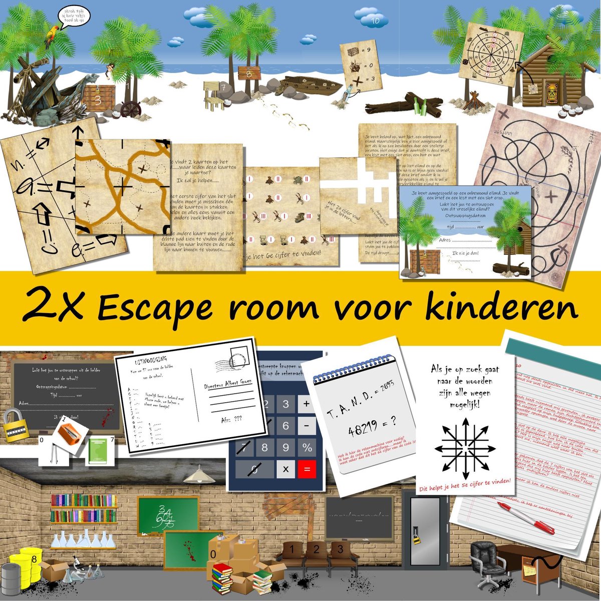 2x Escape room voor kinderen – Ontsnap uit de kelder – Ontsnap van het eiland – 8 t/m 12 jaar – 1 tot 4 kinderen –  Compleet draaiboek – print zelf uit!