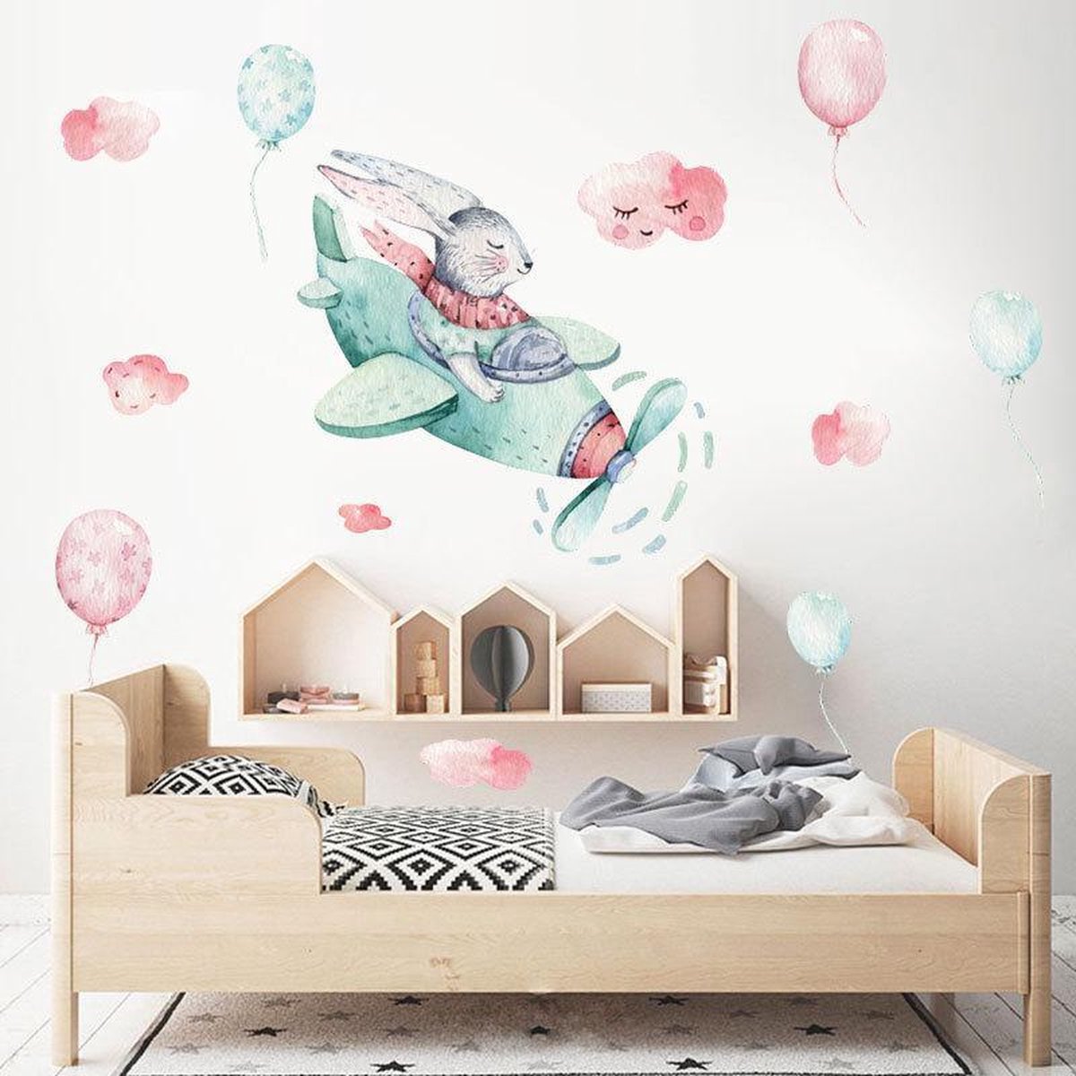 Muursticker | Konijn in Vliegtuig | Wanddecoratie | Muurdecoratie | Slaapkamer | Kinderkamer | Babykamer | Jongen | Meisje | Decoratie Sticker