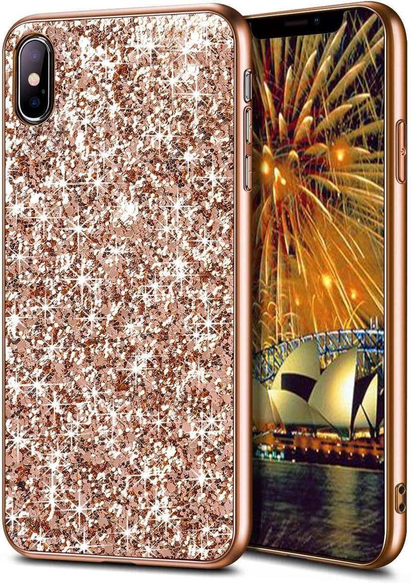 Geschikt voor Apple iPhone XR Backcover - Roze - Glitter - Bling Bling Glamour