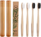 Bamboe tandenborstels |Set Van 4 Tandenborstels Plus 2 Bamboe Kokers| Medium soft | Biologisch Afbreekbaar | 2 Wit - 2 Zwart|