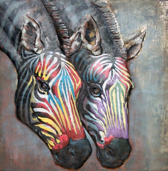 3D art Metaalschilderij Zebra's - handgeschilderd schilderij - wanddecoratie - 100x100 - woonkamer / slaapkamer