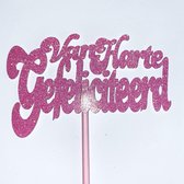 Taartdecoratie versiering| Taarttopper| Cake topper |Gefeliciteerd| Verjaardag| Fuchsia roze glitter|14 cm| karton