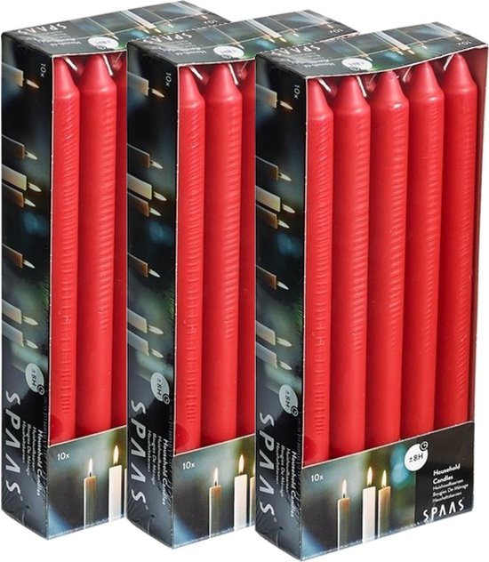 30x Rode dinerkaarsen 24 cm 8 branduren - Geurloze kaarsen - Huishoudkaarsen/tafelkaarsen/kandelaarkaarsen