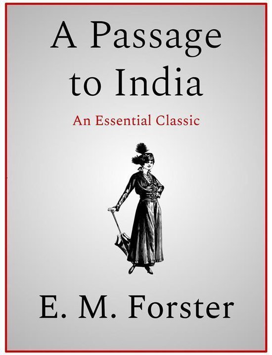 Boekomslag A Passage to India van E. M. Forster met een illustratie van een dame in vintage kleding met een parasol.