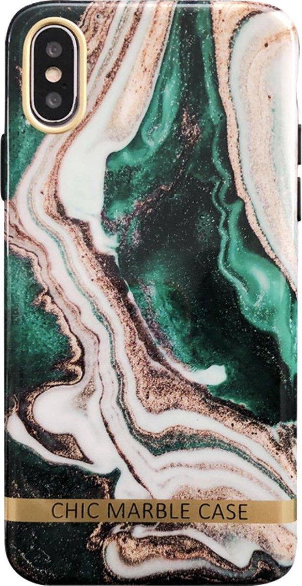 Geschikt voor Apple iPhone XR Backcover - Chic Marmer - Groen / Goud - Soft TPU