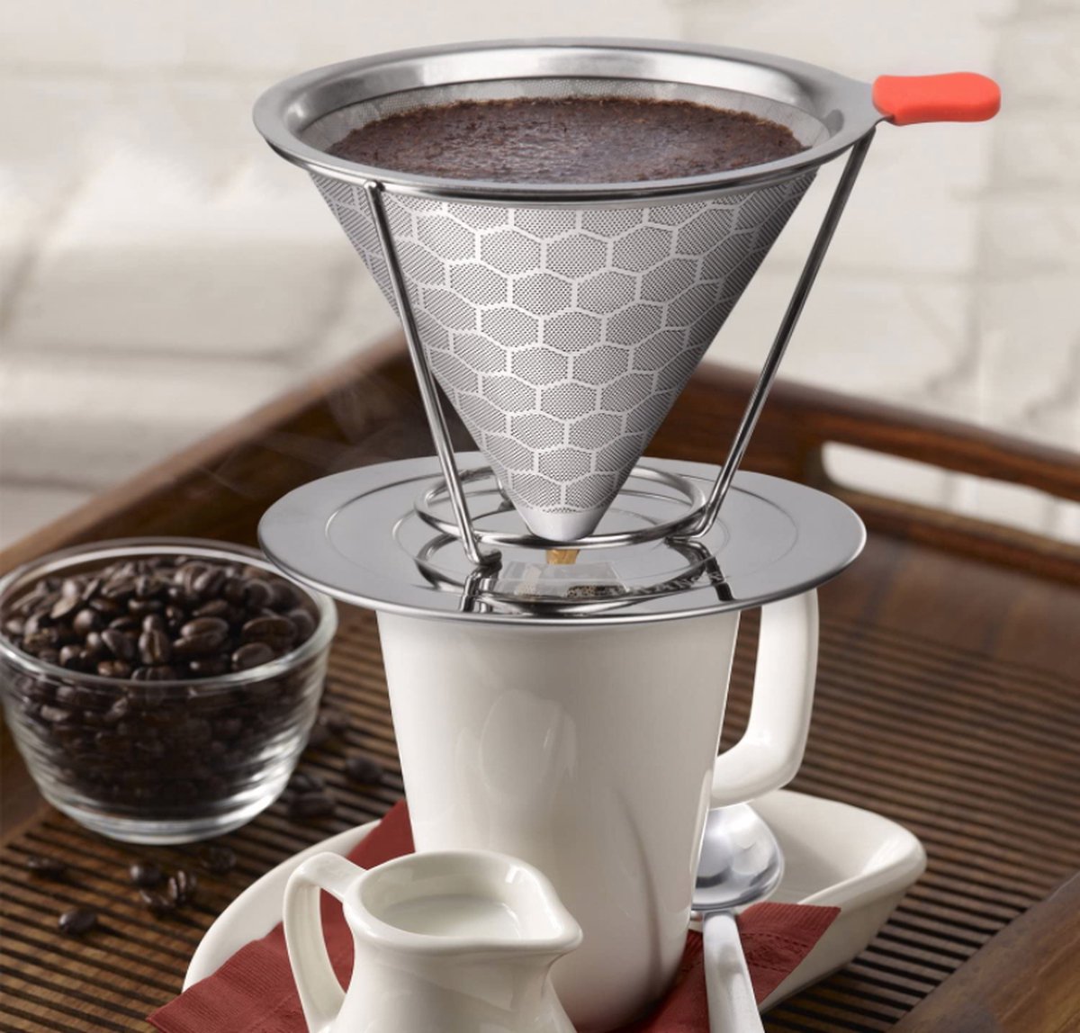 Goutteur de café en acier inoxydable, avec support de tasse, filtre à Micro mailles  fines, lavable au lave-vaisselle Pour le Camping