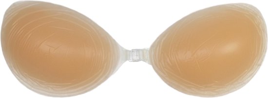 Zelfklevende push-up bh met cup E, kleur latte, met een doorzichtig verbindingsstuk.