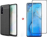 Silicone Leatherlook TPU gel zwart hoesje Oppo Reno3 Pro met full glas screenprotector