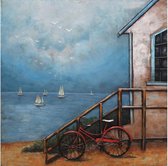 3D Metaalschilderij klein - Rode fiets - zee - zeilbootjes - 60x60 - schilderij - wanddecoratie