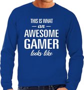 Awesome / geweldige gamer cadeau sweater blauw heren L