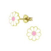 Joy|S - Zilveren madeliefje bloem oorbellen 7 mm glitter roze 14k goudplating