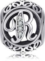 Zilveren bedel letter R met zirkonia steentjes