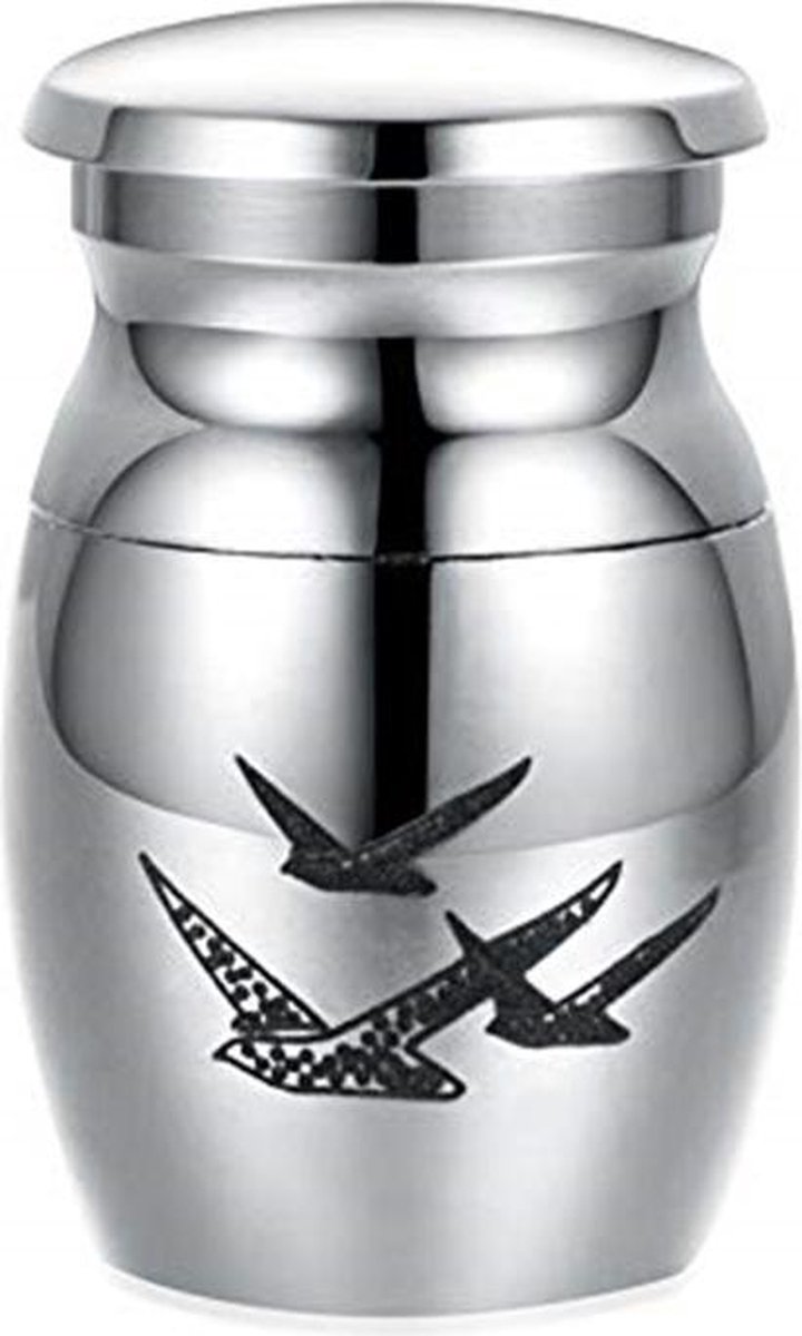 Mini urn - Gedenk urntje - Voor kleine hoeveelheid as - 2,5 cm - Herinnering urn - Zilverkleurig - Vogel Afbeelding