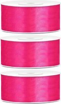 3x Hobby/decoratie donker roze satijnen sierlinten 2,5 cm/25 mm x 25 meter - Cadeaulinten satijnlinten/ribbons - Donker roze linten - Hobbymateriaal benodigdheden - Verpakkingsmaterialen